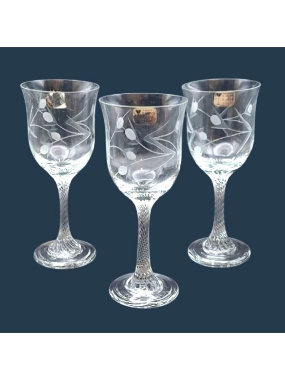 Hand Cut Wine Glasses Twisted Stem Floral Dublin Ireland Eamon Glass Set Of 3